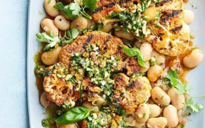 Grilled Cauliflower Steaks with Almond Pesto & Butter Beans