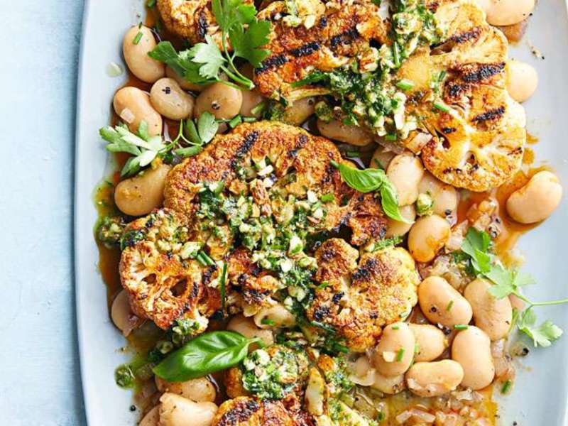 Grilled Cauliflower Steaks with Almond Pesto & Butter Beans