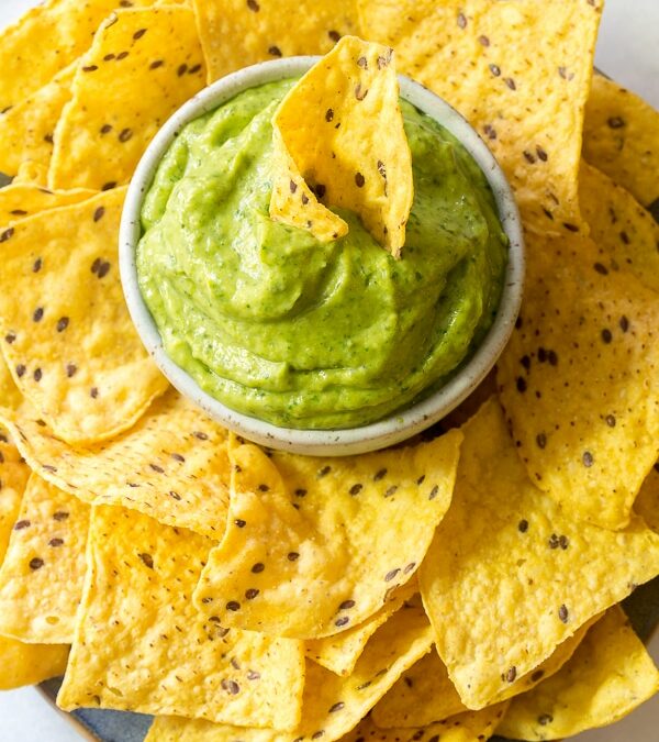 Roasted Poblano Guacamole with Spiced Tortilla Chips